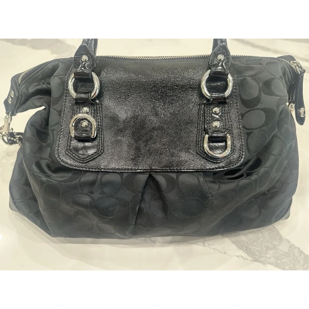 Coach Black Signature Jacquard Satchel Shoulder Crossbody Bag Patent Leather EUC